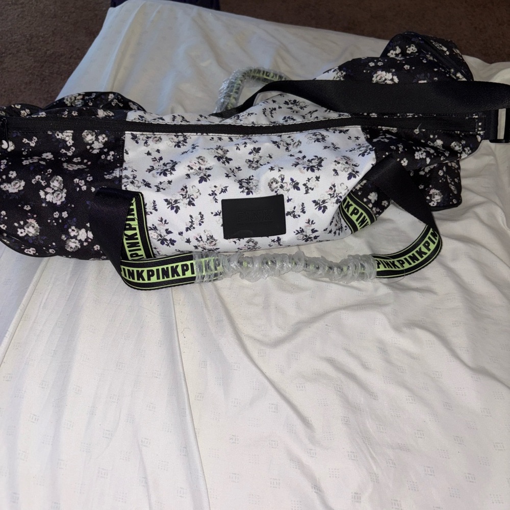 PINK Floral Crossbody Bag with Neon Lime Logo Strap